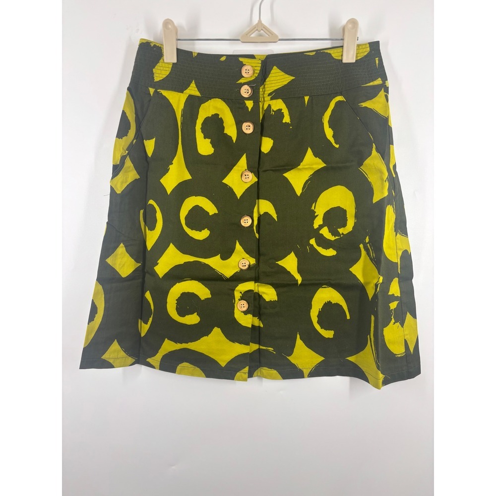 Marimekko Green Yellow Abstract Circle Print Button Front A-Line Mini Skirt 4